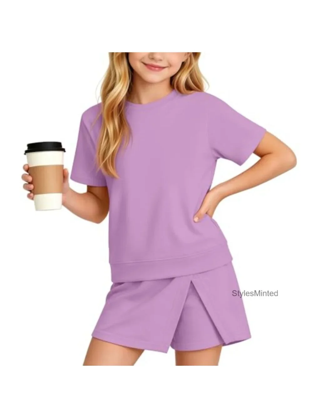 Girls 2 Piece Summer Skirt Set, Short Sleeve Top, Side Slit Skirt, Athletic